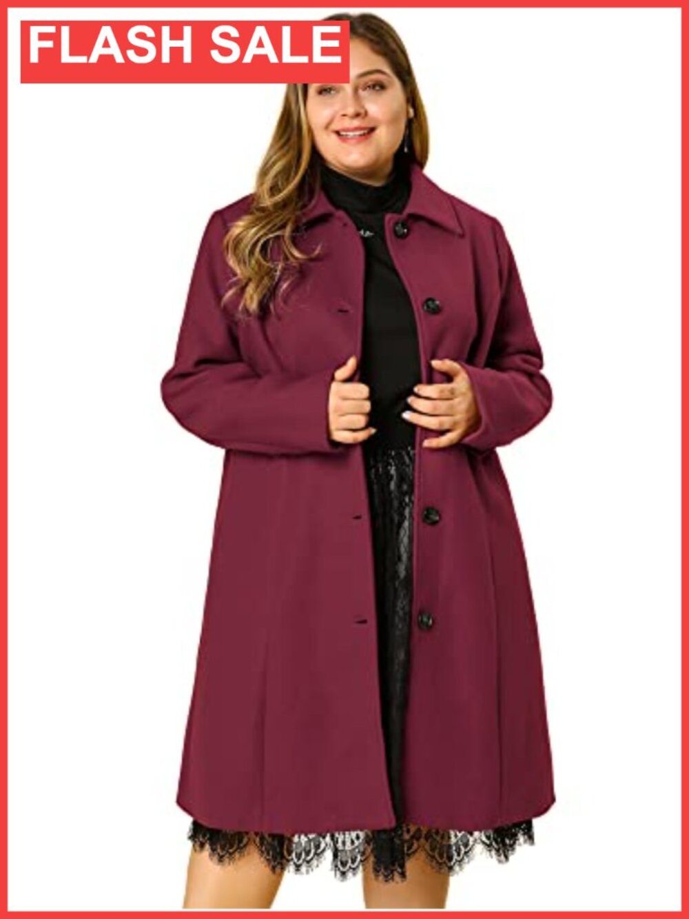 Womens Plus Size Pea Coat Single Breasted Belted Longline Winter Coat